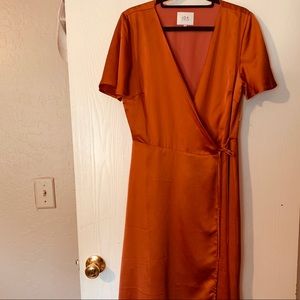 JOA Orange satin wrap midi dress  Med